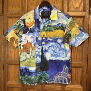 Rebel Vengeance Shirt Mens Medium Blue Starry Night Button Up Van Gogh Artsy AOP